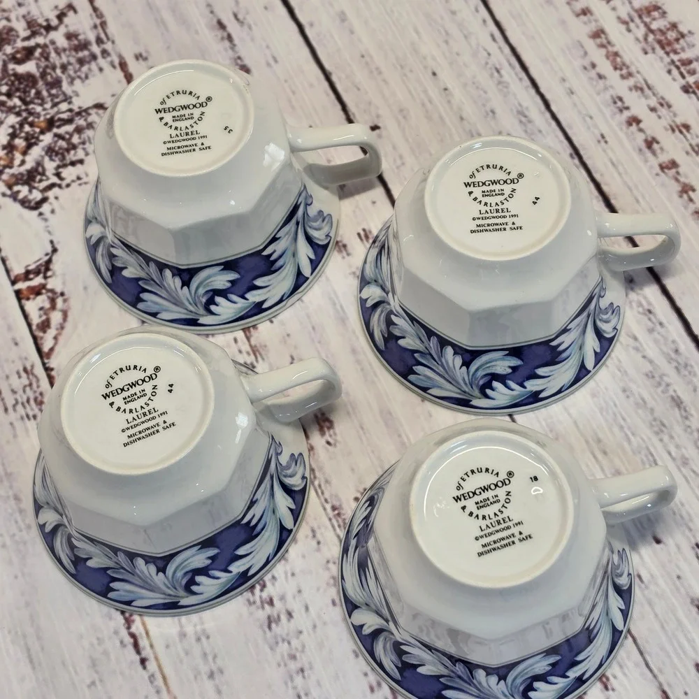 Wedgwood Laurel Tea Cup Set 4 White Blue Good English Earthenware Leaf Pattern